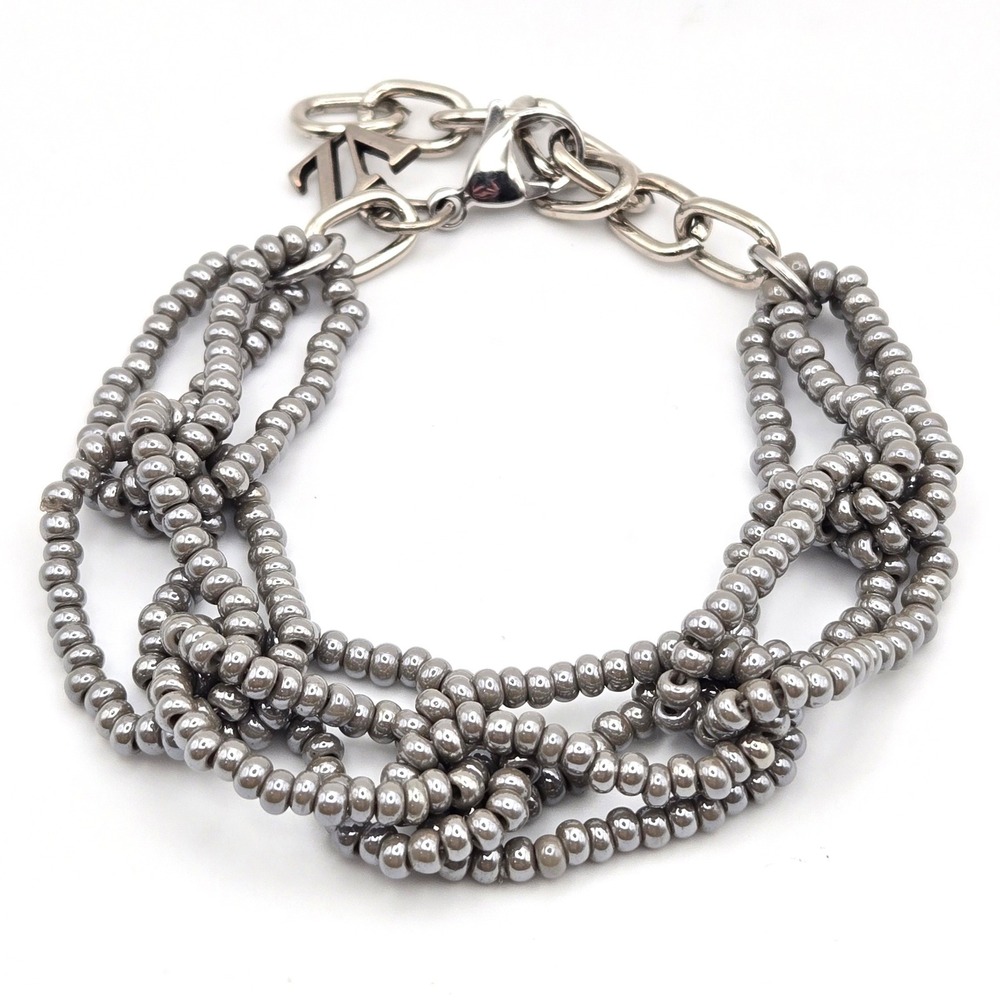 VZ Multi Strand Beaded Bracelet‎ Silver Tone Glass Seed Beads Logo Charm
